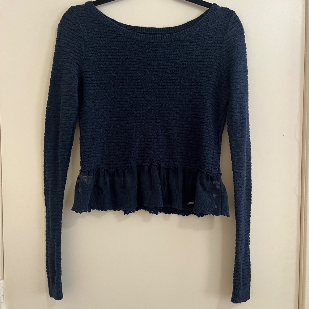 Abercrombie Fitch Small Navy Peplum Sweater Knit Top Lace Trim Ballet Romantic.